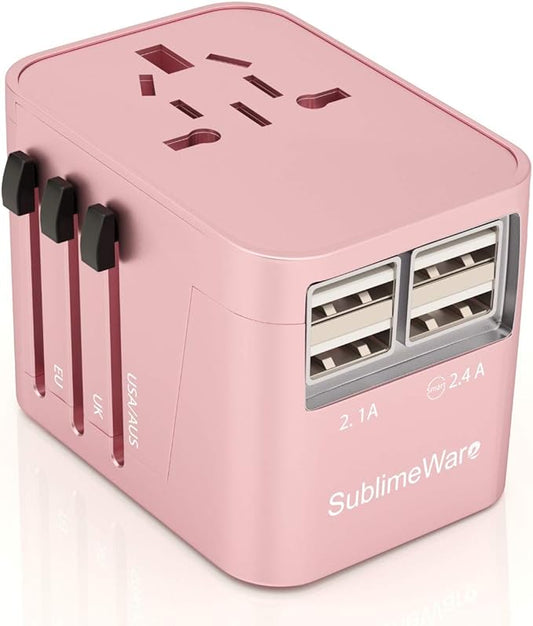 Universal Travel Adapter International All in One Plug (Rose Gold)- w/4 USB Ports Work - 150+ Countries - 220 Volt - Type C A G I for UK Japan Germany France EU European